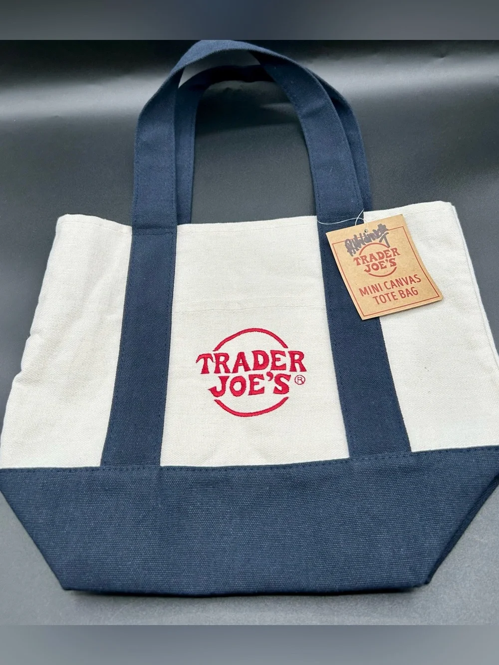 TRADER JOE’S Mini Canvas Tote Bag in Navy Blue.